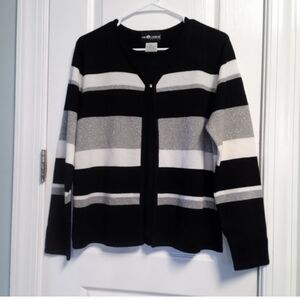 Sag Harbor PL Black Cream Silver Striped Sweater Sparkles Long Sleeve EUC